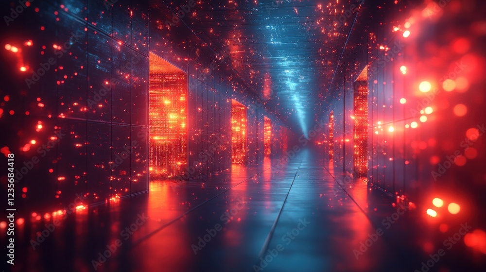 Poster futuristic corridor with glowing lights and digital particles, creating a vibrant atmosphere