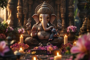 Fototapeta premium Ganesha statue temple candles flowers