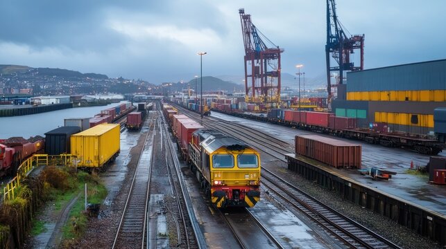 A freight train in a busy port area with shipping containers and cranes under cloudy skies.