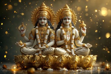 Fototapeta premium Lakshmi Narayan idols, seated, bokeh background, religious art