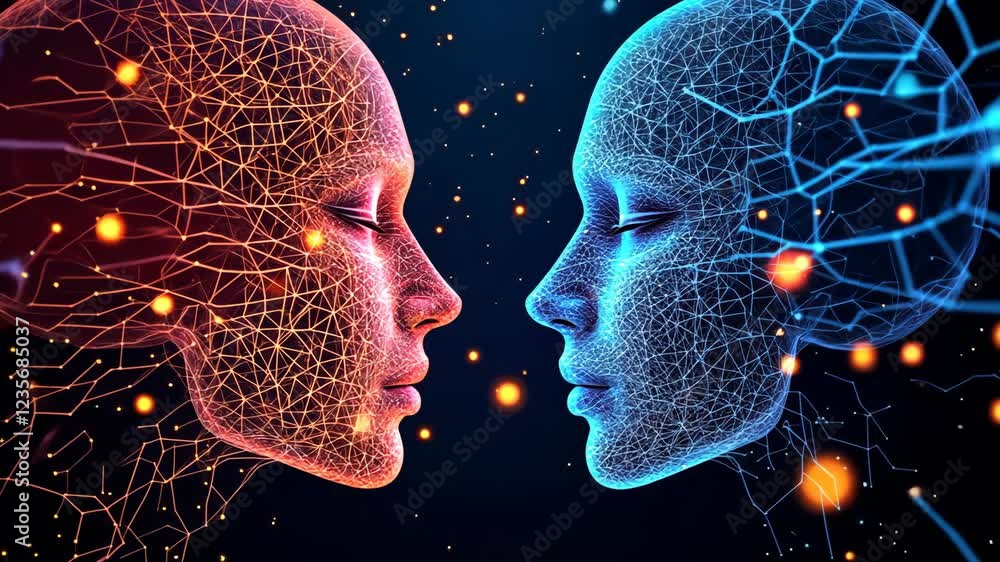 Poster futuristic human connection with digital neural networks and glowing particles