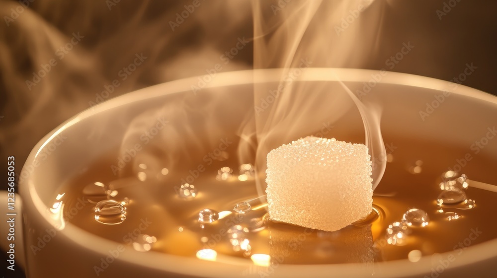 Poster a sugar cube dissolving in a steaming cup of tea, delicate droplets visible on the surface, casting 