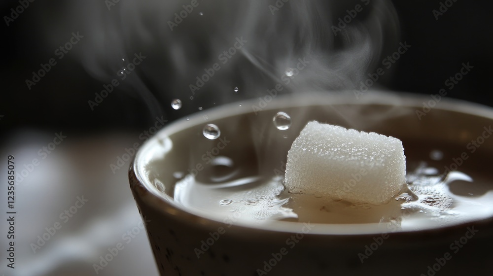 Poster a sugar cube dissolving in a steaming cup of tea, delicate droplets visible on the surface, casting 