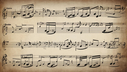 Antique sheet music, vintage musical score, old musical notes, classical music composition, melody, musical notation, aged paper texture, background, musical manuscript, parchment, retro, elegant