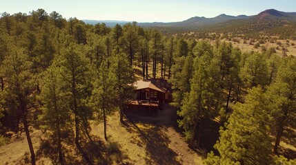 Aerial view of a house in a forest surrounded by pine trees and mountains in the background