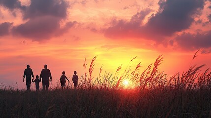 Family silhouettes sunset walk, meadow, peaceful evening, website banner