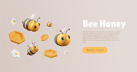 Bee honey banner with 3d elements. Insects, flowers and honeycombs flying on gray background. Beekeeping minimalist vector illustration. Agriculture, garden, farming abstract flyer.