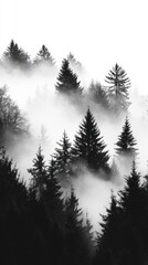 Fototapeta premium Misty Forest Landscape with Tall Trees and Soft Fog in Black and White
