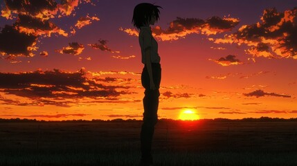 Teenager watching sunset, field, colorful sky, peaceful scene, mood background