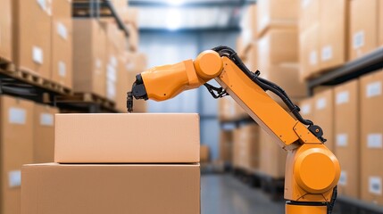 A robotic arm is lifting a box in a warehouse filled with stacked cardboard boxes, showcasing automation in logistics.