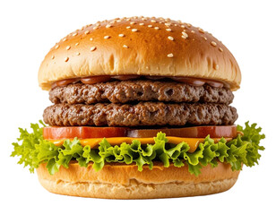 Tasty Hamburger with Cheese, Beef, Lattos, Onion, and Tomato Isolated on Transparent PNG Background.