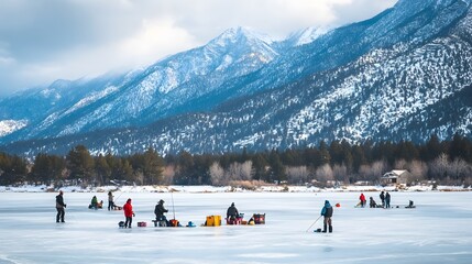 People Enjoying Ice Fishing on Frozen Lake with Mountain Backdrop