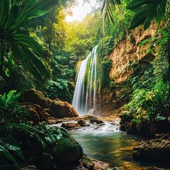 Lush jungle waterfall cascading into a tranquil pool.
