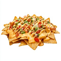 Delicious Plate of Nachos Topped with Cheesy Sauce, Tomatoes, and Green Peppers Ready for a Flavorful Snack Experience