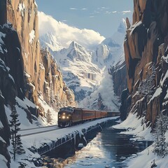 Train journey through snowy mountain gorge.
