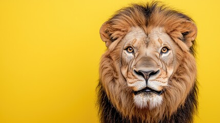 Majestic lion portrait, yellow background, wildlife photography, advertising