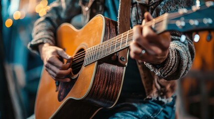 Obraz premium Close-up of Person Playing Acoustic Guitar in Warm Environment