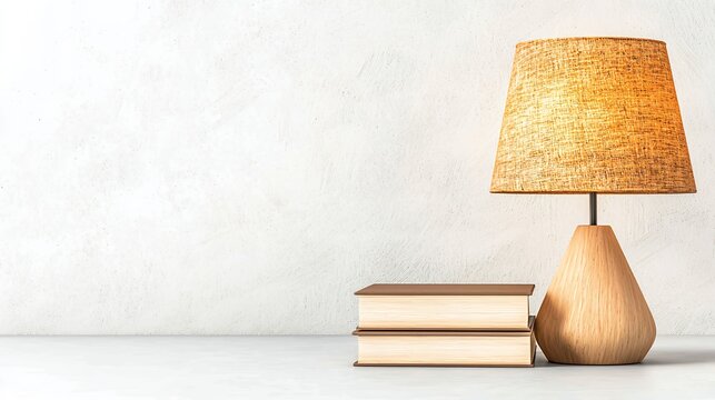 Warm-toned Wooden Table Lamp with Stack of Books, Illuminated, Peaceful and Relaxing Atmosphere