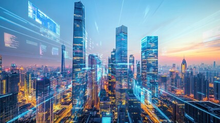 A futuristic city skyline with digital overlays, showcasing technology and urban life.