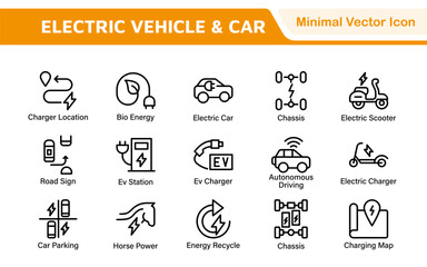 Electric Vehicle and Car Icon Set. A modern collection of icons showcasing electric transportation, perfect for enhancing automotive apps, websites, and sustainability initiatives.