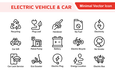 Electric Vehicle and Car Icon Set. A modern collection of icons showcasing electric transportation, perfect for enhancing automotive apps, websites, and sustainability initiatives.