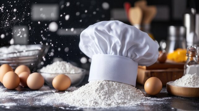 A white chef hat on a kitchen counter, surrounded by flour, eggs, and sugar, evoking the anticipation of creating something delicious in the kitchen