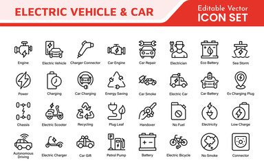 Electric Vehicle and Car Icon Set. A modern collection of icons showcasing electric transportation, perfect for enhancing automotive apps, websites, and sustainability initiatives.
