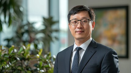 Professional Man in Business Attire Against Bright Office Background