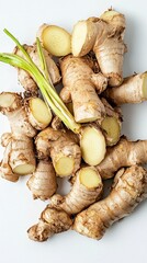 Fresh Ginger Roots with Green Stems on White Background