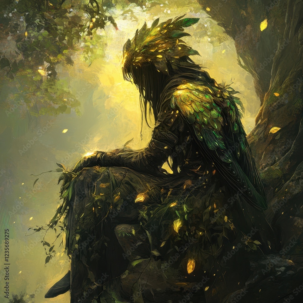 Aufkleber enigmatic figure adorned with leaves and feathers in a forest setting