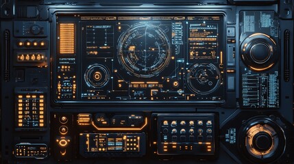 Fototapeta premium Futuristic Control Panel with Illuminated Displays and Buttons for Spacecraft or Advanced Tech