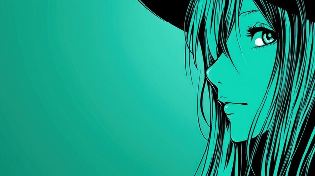 Anime girl profile, teal background, mysterious gaze, illustration art, website header