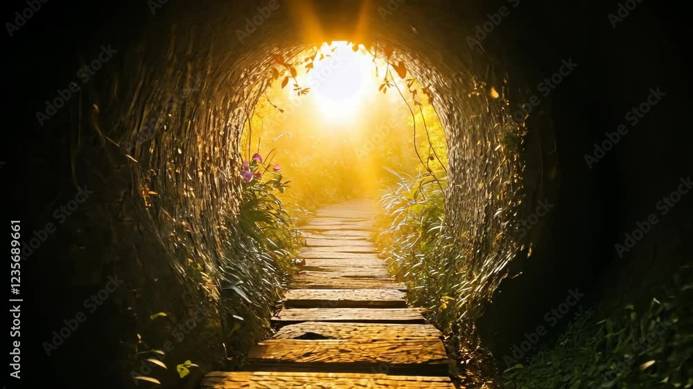 Poster light shines through tunnel revealing a serene path surrounded by greenery in a tranquil natural set