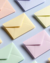 A collection of colorful envelopes arranged neatly, showcasing pastel shades and simple designs, perfect for stationery enthusiasts and gift-giving.