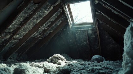 An attic under construction, with insulation exposed and natural light streaming through a skylight, capturing the raw energy of the space transformation