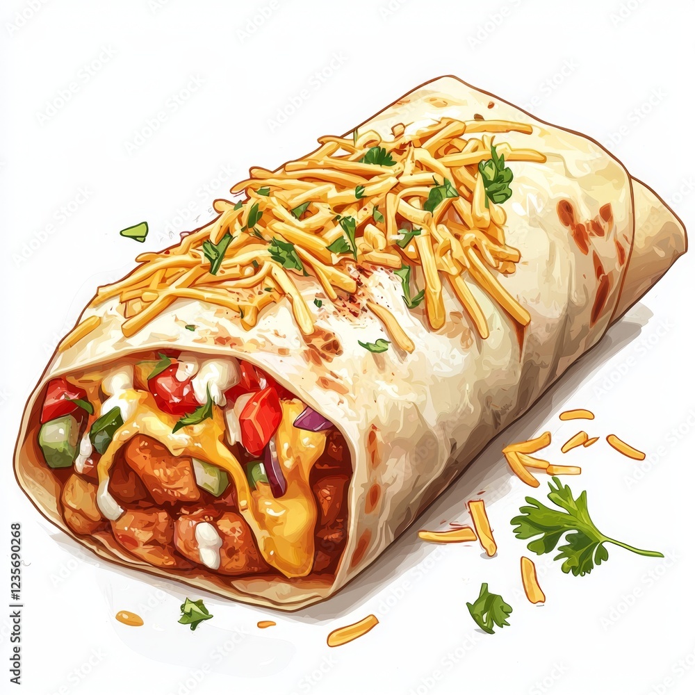 Wall mural Delicious and Colorful Burrito with Chicken, Cheese, Fresh Vegetables and Creamy Sauce on a White Background