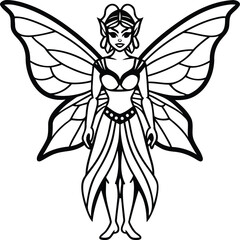 A cute butterfly fairy vector illustration, butterfly fairy silhouette vector, butterfly fairy line art vector icon design