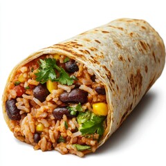 Freshly made burrito filled with rice, beans, corn, and cilantro wrapped in a soft tortilla on a white background
