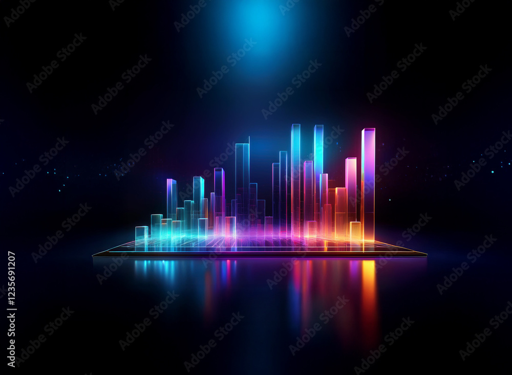 Poster neon-lit, prismatic columns rise from a dark reflective surface, creating an abstract cityscape. the