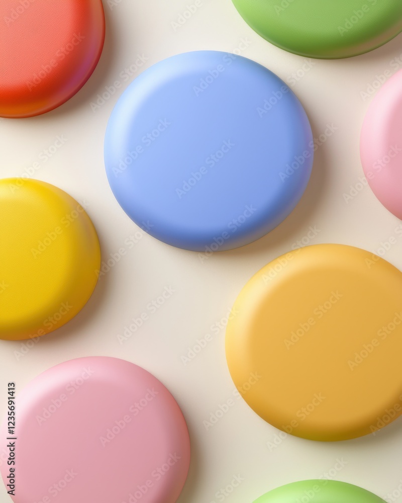 Poster a vibrant array of colorful, round objects arranged artfully on a light background, showcasing playf