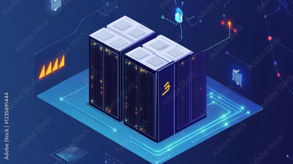 Poster futuristic data center with high-performance servers surrounded by digital connections and icons