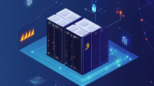 Futuristic data center with high-performance servers surrounded by digital connections and icons