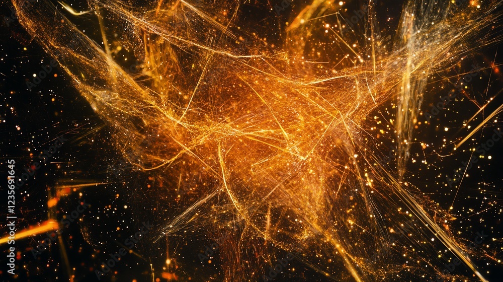 Poster abstract golden network on dark background, illuminated with numerous dots and lines