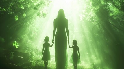 Mother, daughters, forest, sunlight, mystical, family, nature, magical, protection, hope
