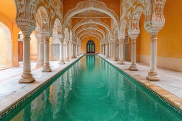 Indoor pool in ornate palace, reflecting architecture.