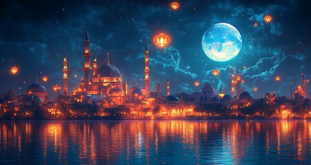 Fantastical cityscape at night with illuminated buildings, a large moon, and water reflection

