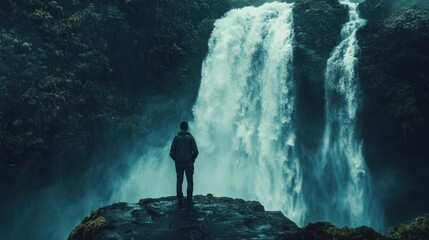 Fototapeta premium Man contemplates majestic waterfall, lush jungle backdrop; travel brochure