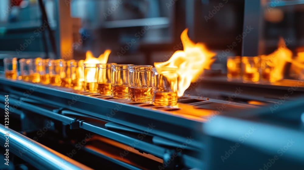 Poster glass bottles on a conveyor being pasteurized with fire in a production factory, symbolizing the hig