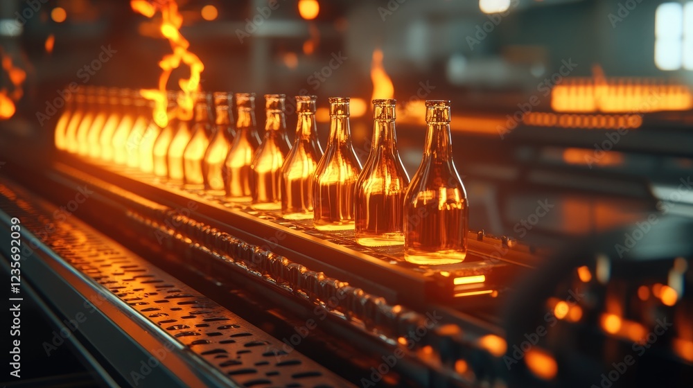 Poster glass bottles on a conveyor being pasteurized with fire in a production factory, symbolizing the hig