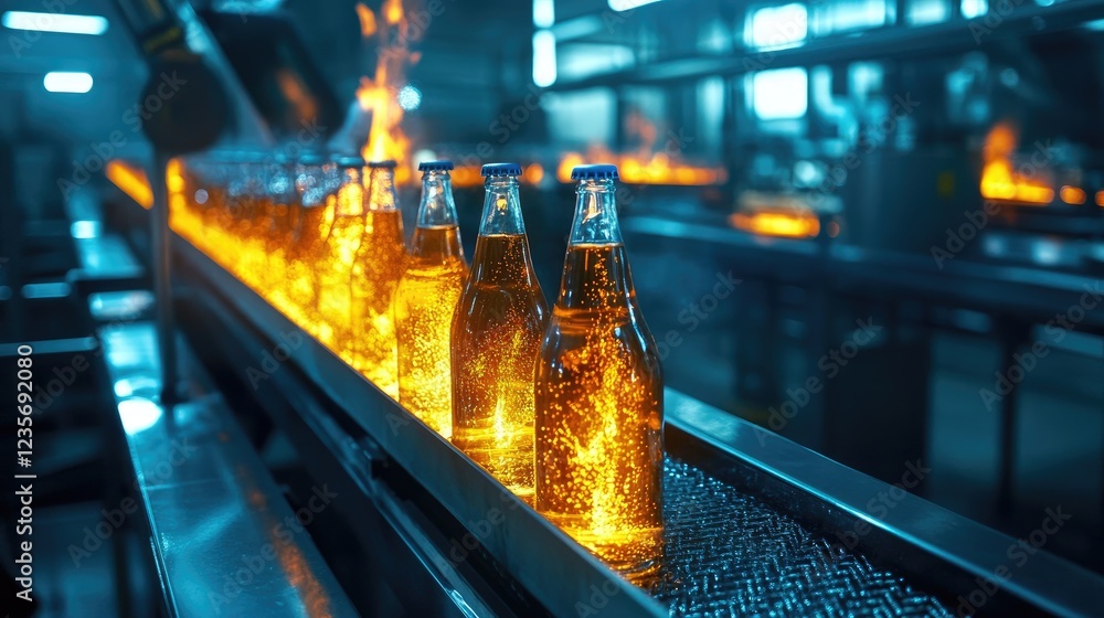 Poster glass bottles on a conveyor being pasteurized with fire in a production factory, symbolizing the hig